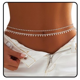 Bohend Layered Rhinestone Waist Chain Silver Belly Chains Pearl Belt Jewelry Body Chain Adjustable Accessories for Women and Girls (S)