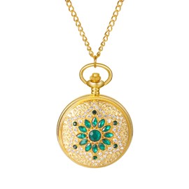 JewelryWe Women Gold Pocket Watch: Elegant Quartz Analog Green Rhinestone Flower Case Arabic Numerals Scale Girls Luxury Vintage Hunter Watches Gift with Sweater Chain Necklace