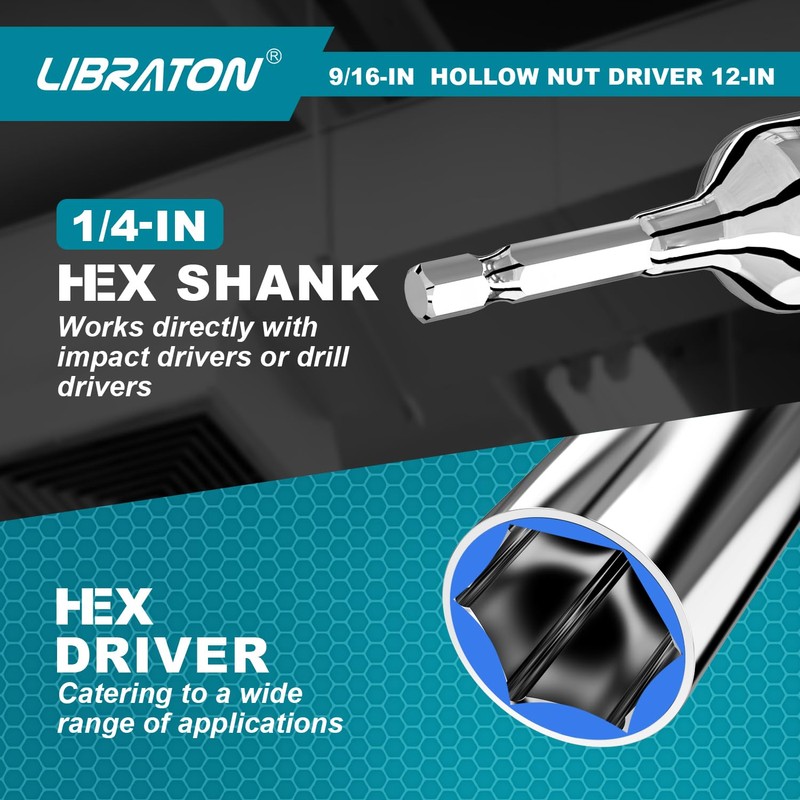 Libraton Hollow Nut Driver, Power Nut Driver Set 9/16", 12