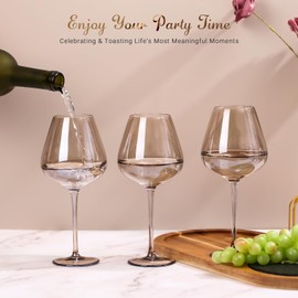 Physkoa Mocha Mousse Color Wine Glasses Set 6-18oz Long Stem Smokey Gray Wine Glasses-Hand Blown Mocha Stemware for Valentine's Day