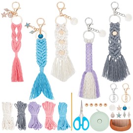 INFUNLY 5 Set Ocean Themed Macrame Kit for Adults DIY Macrame Wristlet Keychain Kits Macrame Boho Keychain with Tassels Cotton Cord Instruction for Car Key Purse Phone Wallet Charm