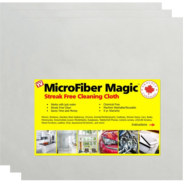 Microfiber Magic™ Streak Free Cleaning Cloths - White - Large 16 x 16 Perfect for Window, Mirror, Kitchen Counter, Appliances, Car, Cycle, TV (3)