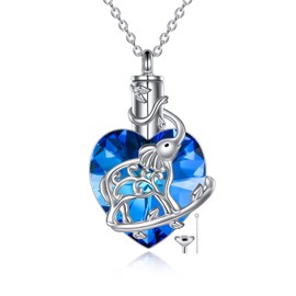 YFN Heart Crystal Urn Necklace for Ashes Cremation Jewelry Sterling Silver with Purple Blue Crystal Jewelry Gifts for Women Girls (Elephant Blue)