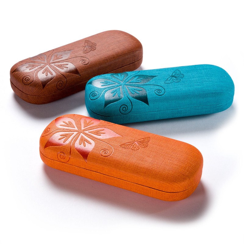 FEFI Hardcase Glasses Case Nature Embossed Flower Design, brown