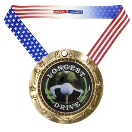 Decade Awards Golf Medal, Longest Drive - Gold | 1st Place Longest Drive Medal, World Class – 3 Inch Wide with Stars and Stripes Neck Ribbon - Customize Now (Gold -SSNB)