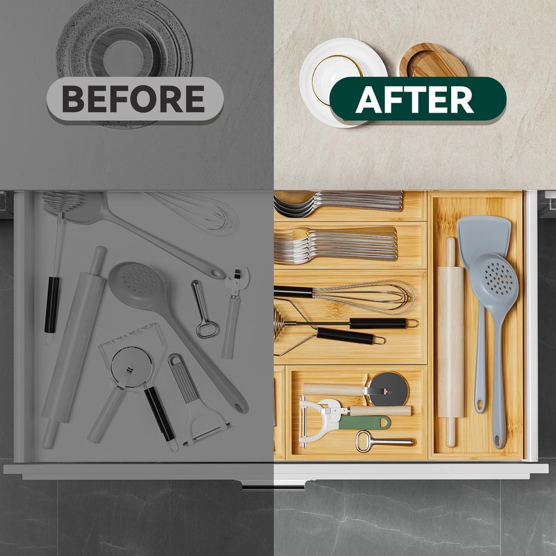 Lixple Bamboo Drawer Organizer, Small Silverware Organizer for Kitchen Drawer,