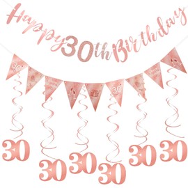Geburtstag Deko, Geburtstagsdekoration, Roségold, Banner Bunting Swirls,Wirbel Set, Spiralen Geburtstagsdeko, Frau Luftschlangen, Triangle Flag für 18, 30, 40, 50 (30)
