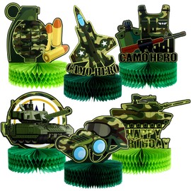 6 Pieces Army Military Honeycomb Centerpieces Camo Party Tank Camouflage Party Decorations Supplies 3D Birthday Theme Cakes Balls Table Topper Photo Props for Boy Girl Soldier Camouflage Baby Shower