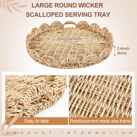 Tiangrid Large Round Wicker Scalloped Serving Tray 20 Inch Hand Woven Scalloped Design Edge Round Rattan Tray with Handles for Coffee Table Living Room Decor and Organizer(Seagrass)