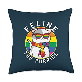 Gay Pride Cat Feline The Purride Gifts Gay Pride Cat Rainbow Sunglasses Feline The Purride Pun Cute Throw Pillow, 18x18, Multicolor