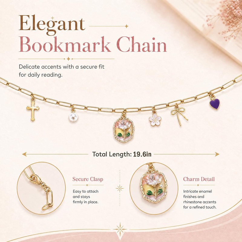 Floral Pearl Heart Bow Bible Charm Chain Christian Bookmark