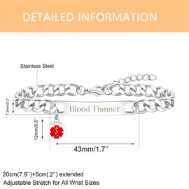 Zircobic Cool Stainless Steel Cuban Link Chain Medical Alert Bracelet, Blood Thinner Bracelets for Men and Women, Gift for Elders, Family, and Friends (Blood)