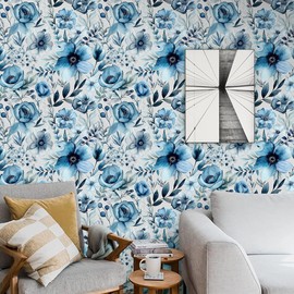 COKCOKR Blue Floral Wallpaper,17.71"*118.1" Blue Peel and Stick Decorative Contact Paper Waterproof Wallpaper Vinyl Self Adhesive Wall Paper for Living Room Cabinets