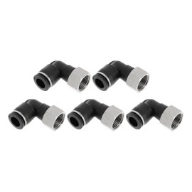 HOPESPANNER Push to Connect Air Fittings 3/8" 90 Degree Female Thread Connector Plastic Metal 3/8" BSPT 5 Pcs Black Silver Tone