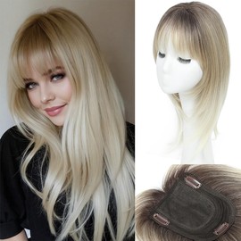 HVVZOY Hair Toppers for Women with Thinning, 360° 3D Toppers Hair Pieces for Women French Clip in Bangs 18 Inch Curly Wavy or Daily (RT6/12/613A, Bangs)