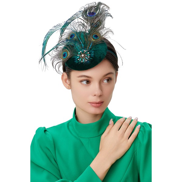 BABEYOND 1920s Flapper Fascinator Feather Pillbox Hat Fascinator for Tea Party (Peacock-5)