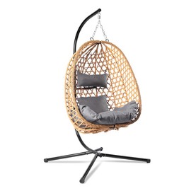 RIWENGO Boho Style Patio Swings with Stand- 350lbs Weight Capacity, Single Hanging Egg Chair with Cushions, Hammock Swing Chair  for Bedroom, Balcony, Garden - Colour: Yellow-Grey