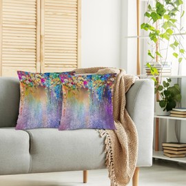 Swono Set of 2 Decorative Throw Pillow Covers Ivy Flowers, Abstract Blossom Floral Farmhouse Pillowcases Accent Pillow Cushion Cover for Couch Sofa Bed Office Armchair 18 X 18 Inch, Rainbow Purple