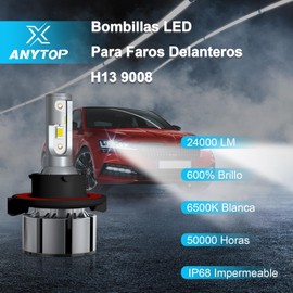 ANYTOP H13 9008 Led Bombillas para Delanteros Faros,160W 24000LM 6500K 600% Brillo Kit de Conversión,Luz Alta Y Baja,Luces Antiniebla 2 Unidades