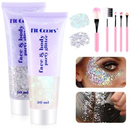 Body Glitter Gel 2 x 50 ml Set, PAMIYO Festival Glitter Face Mermaid Sequins Chunky with Brush, Long Lasting Glitter Powder for Festival Masquerade Birthday Makeup Outfit Women (White + Silver)