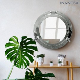 inanosa Porthole Mirror - 15 Inch Nickel Silver White Finish | Nautical Wall Décor for Bathroom and Bedroom | Antique Wall Mounted Aluminium and Steel Alloy Vintage Port Hole Window Décor