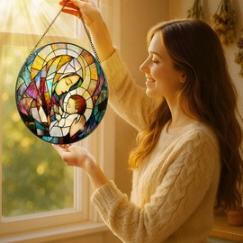 Baby Jesus and The Holy Mother Mary Sun Catcher, 8 Inch Stained Glass Window Hanging, Stained Glass Decor, Christian Home Decor, Christian Gifts for Women, Religious Gifts for Women