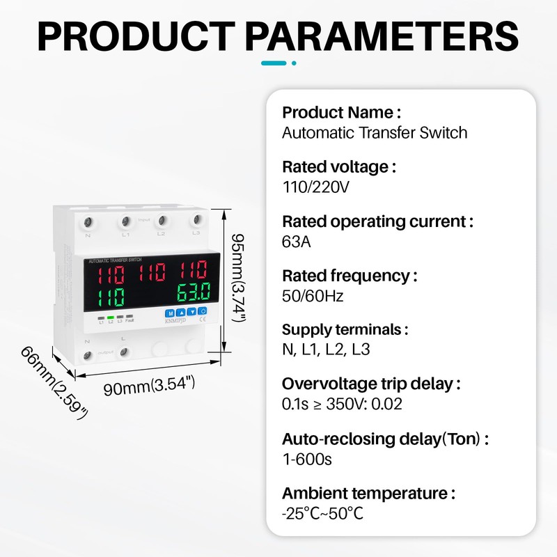 KNMIPJD Automatic Transfer Switch, 63A, Automatic Switching Between Mains, Generator