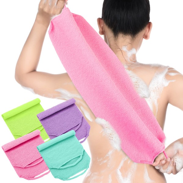 Exfoliating Back Scrubber with Handles 4 Packs Nylon Back Exfoliator Extended Length Back Washers Scrubbers Stretchable Pull Strap Exfoliating Washcloth (Pink, Blue, Fluorescent Green, Purple)
