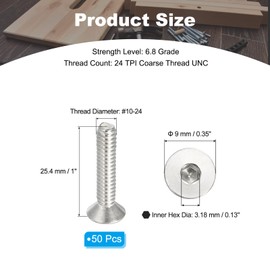 PATIKIL #10-24 x 1 Inch Flat Head Socket Cap Screws 50 Pack 304 Stainless Steel Flat Head Screws with Hex Drive Machine Screws Full Thread Coarse Thread UNC Grade 6.8