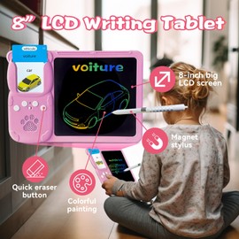 HALCONTORNO Drawing Writing Tablet for Toddlers - Talking English French Flash Cards for Kids 3-12, Bilingual Sensory Toys for Autistic Children, 510 Sight Words, Travel Activity for 4 Year Old (Pink)