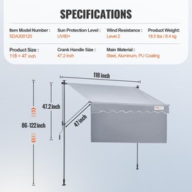 VEVOR Manual Retractable Awning, Outdoor Retractable Patio Awning Sunshade Shelter, Adjustable Patio Door Window Awning Canopy with Sun Shade Curtain for Backyard, Garden, Balcony - Size: 118" x 47"