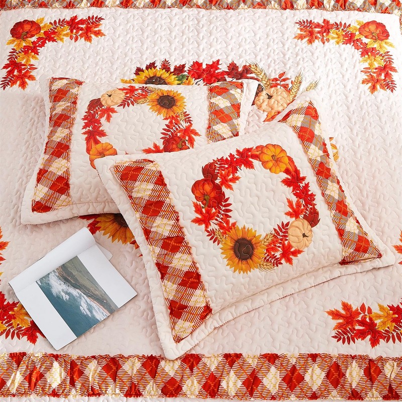Cmfshape King Size Quilt Set Thanksgiving,Fall Pumpkin Pattern Printed Bedding