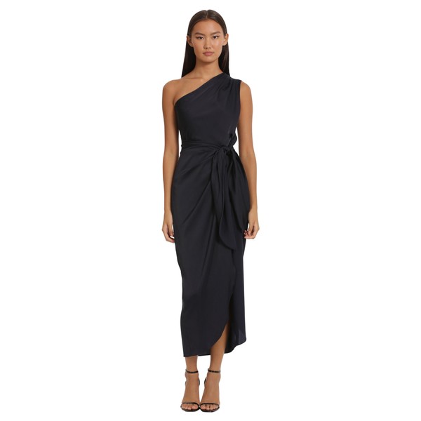 Donna Morgan Women's One Shoulder Faux Wrap Light Charmeuse Maxi