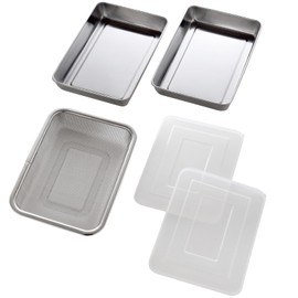 Ernest A-77978 Tsubame Sanjo Bat, 5-Piece Set, Square Type, Stainless Steel, Oven Compatible, Stackable Compact, Storage, For Oil Draining, Cooking, Cooking, 2 Shallow Stainless Steel Bats with Lids &