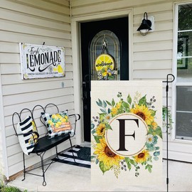 CROWNED BEAUTY Summer Sunflower Eucalyptus Leaves Monogram Letter F Garden Flag 12x18 Inch Double Sided Small Burlap Family Last Name Initial Outside Yard Flag CF1452-12