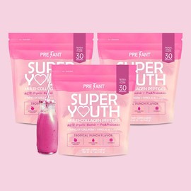 3 Bottles PRETANT Super Youth Collagen Peptides + Probiotics, Apple Cider Vinegar, Hyaluronic Acid, Baobab Fiber & Vitamin C – Skin, Hair, Joint & Metabolism Support, 30 Servings Each