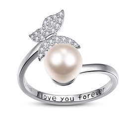 Dreamboat Butterfly Ring Pearl Ring Adjustable Sterling Silver Rings for Women Promise Rings for Her Open Rings Size 7-9, Stainless Steel, Cubic Zirconia
