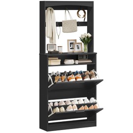 YATINEY Tall Shoe Cabinet with Flip Drawers and Coat Rack, Floor Standing Modern Shoe Storage Organizer, 2-in-1 Hall Tree with Movable Hooks and Open Shelves, for Entryway, Black SC01BK