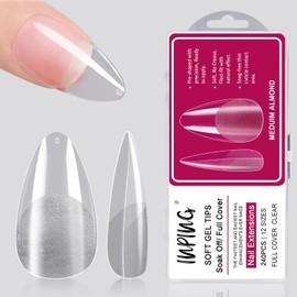 INPING Soft Gel Full Cover Nail Tips, 240PCS Medium Almond Clear Pre-Buff Break Resistant Acrylic False Half Full Cover Nail Tips Extensions for Women Home DIY Manicure Nail Salons, 12 SIZES