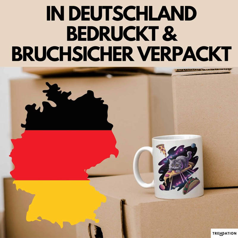 Pizzaesser Tasse Geschenk Katze isst Pizza im Weltall Lustig (Weiß)