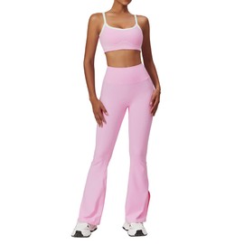 OMEWEE Yoga sets for women 2 piece Fashion contrasting lines Sports Bra and High Wasit Split hem Flared Leggings Pink XL