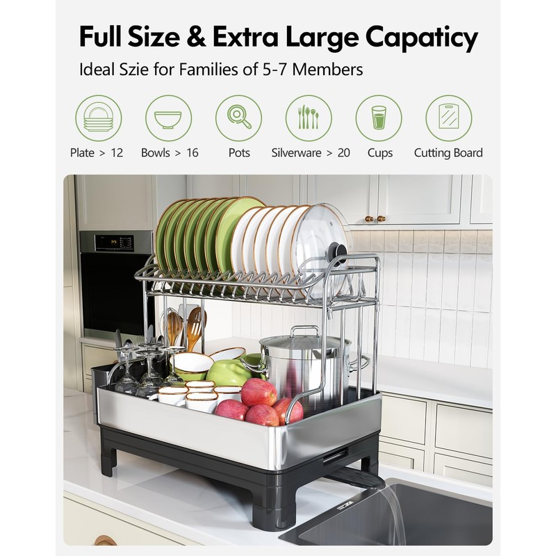Extra Large Two Tier Stainless Steel Dish Drainer Drying Rack