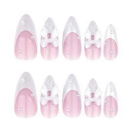 BABALAL Almond Press on Nails Medium Fake Nails White French Tip False Nails with 3D Bow Charm Designs Pearl White Ombre Nail Press ons Glossy Glue on Nails Art Coquette Stick on Nails for Women 24Pcs