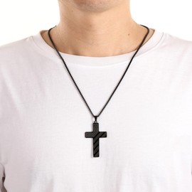 YUCSAWJK Cross Necklace Bracelet Set 26 Inch Stainless Steel Necklace Adjustable Natural Stone Bracelet Men Boys Holiday Jewelry Gift (Luke 1:37)