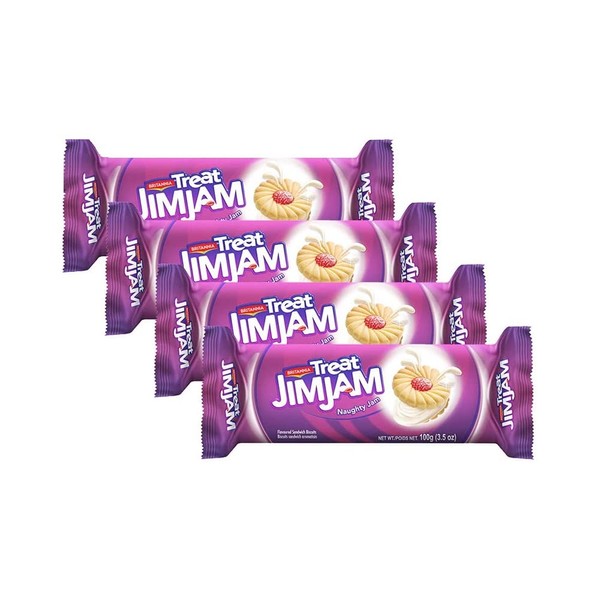 Britannia Treat Naughty Jim Jam - Galletas de sándwich de 3.52 onzas (100 g) – Bocadillos de desayuno y té – Deliciosas galletas de comestibles – Adecuado para vegetarianos (paquete de 4)