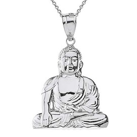 925 Sterling Silver Buddhism Buddhist Meditation Zen Buddha Pendant Necklace, 1.63", 16"