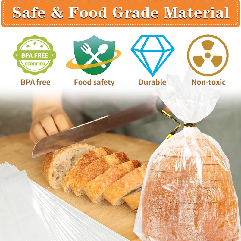 Clear Bread Bags with Ties, 30 Reusable Plastic Bags for