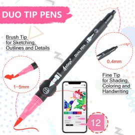 AEDAGA 120 Colors Numbered Dual Tip Brush Pens with Free App, Fine and Brush Tips Pens for Adults and Kids, Coloring Markers for Coloring Book Bullet Journaling Note Taking Planner Hand Lettering