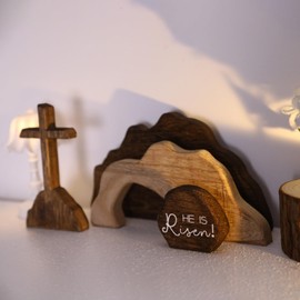 Empty Tomb Easter Scene and Cross Decorations, Wooden He Is Risen Easter Resurrection Nativity Scene Cross Jesus Tiered Tray for Christian Religious Home Table Mantel Shelf Office Farmhouse