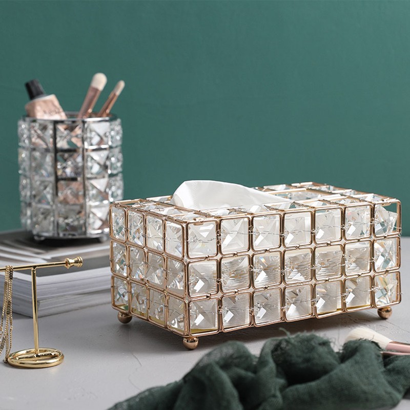 European Style Rectangular Metal Crystal Tissue Box Desktop Decorative Ornaments